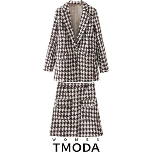 TMODA1775 Za 2021 Autumn Winter Women Houndstooth Tweed Woolen Blazer Coat Vintage Skirts Female Chic Outerwear Two Piece Sets