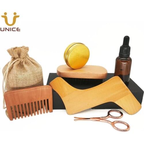 100pcs Men Beard Care Kit Beard Styling Template Wood Combs Beard Brush Beard Balm Oil Scissors Suit Customized LOGO for Amazon