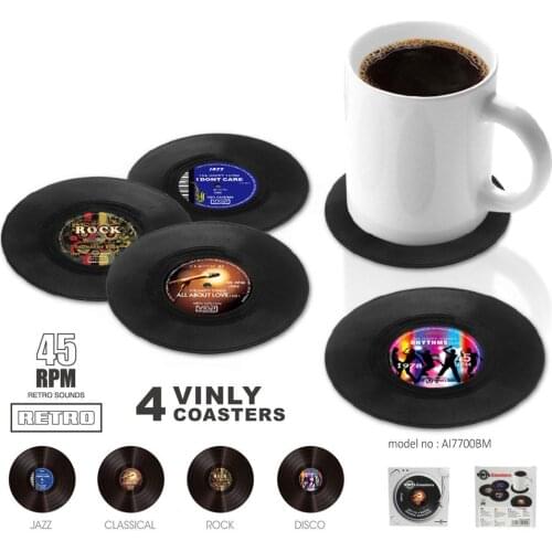 4PCS Plastic Vinyl Record Coaster Cup Mat Black Retro Mug Coaster Pad Heat-resistant Non Slip Hot Drink Holder Home Decor
