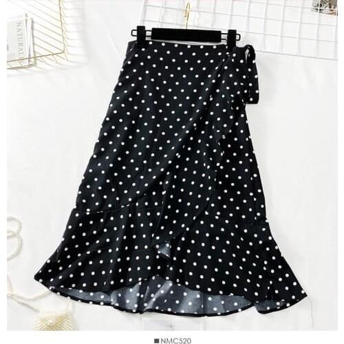 Abrini 2019 Spring Women Midi Skirt Female Irregular High Waist Casual Plaka Dot Skirt Ruffle Skirt Women Pleated Lace-up Skirt