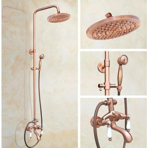 Antique Red Copper Brass Dual Ceramic Handles Bathroom 8 Inch Round Rain Shower Faucet Set Tub Mixer Tap Hand Shower mrg564