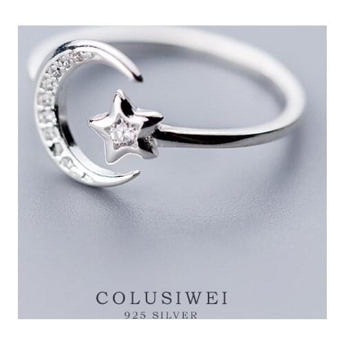 Colusiwei Fashion 925 Sterling Silver Sparkling Moon and Star Open Adjustable Finger Rings for Women Korea Stylish Jewelry New