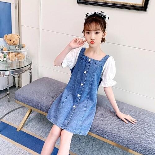 Girl Denim Stitching Dress Summer Clothing Middle School Children Big Girl Princess Mini Slim Dresses