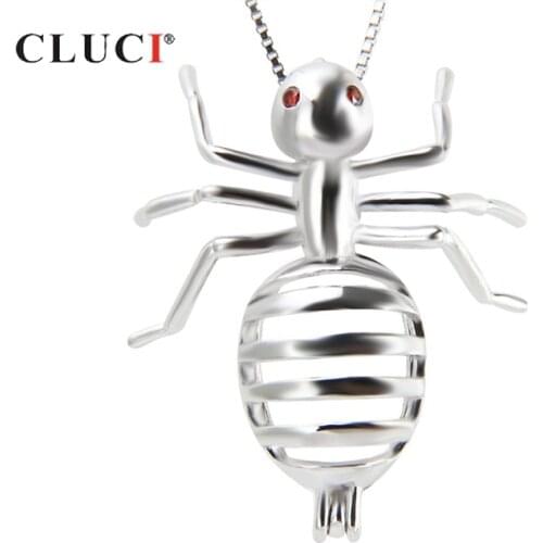 CLUCI 925 Silver Classic Ant Shaped Cage Pendant Red Zircon Gemstone Pendant 925 Sterling Silver Women Cage Pearl Locket SC169SB
