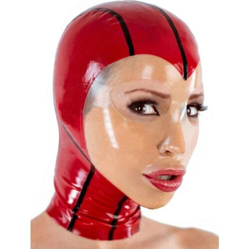 Red and Transparent Tight Latex Ruuber Hoods Mask Open Eyes Mouth with Black Trim