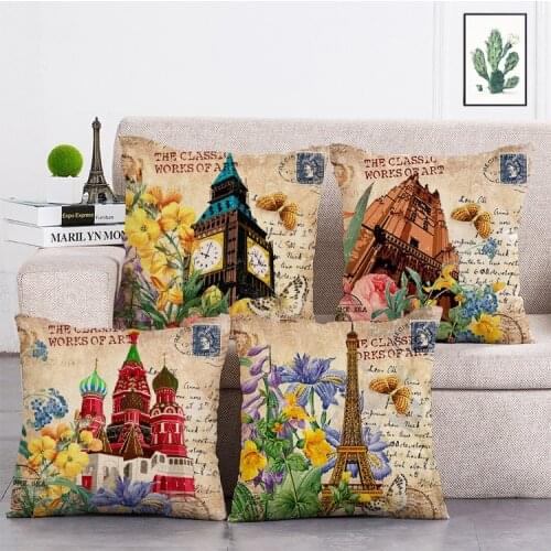 Retro stamp background architecture Printed Cushion Cover Linen Throw Pillow Car Home Decoration Decorative Pillowcase T357