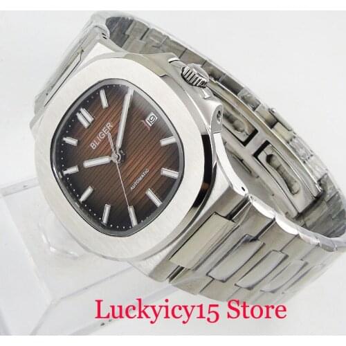 BLIGER 40mm Self Winding Mens Watch Coffee Dial Date Window Mental Strap Silver Color Square Watch Case