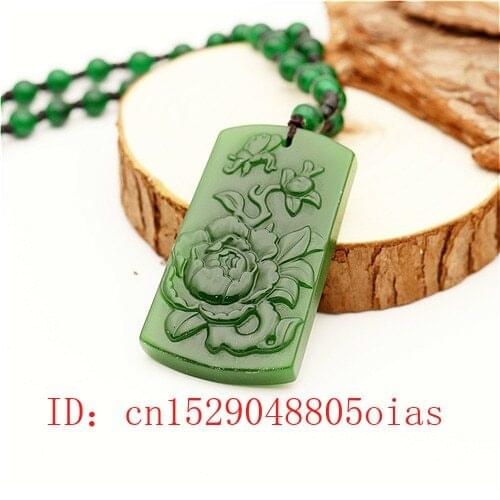 Natural Green Chinese Jade Butterfly Rose Pendant Beads Necklace Fashion Charm Jadeite Jewelry Carved Amulet Gifts for Women Men