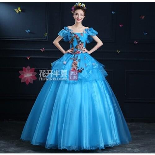 Blue flowers embroidery medieval dress Renaissance Gown princess Victorian/Antoinette bell ball gown