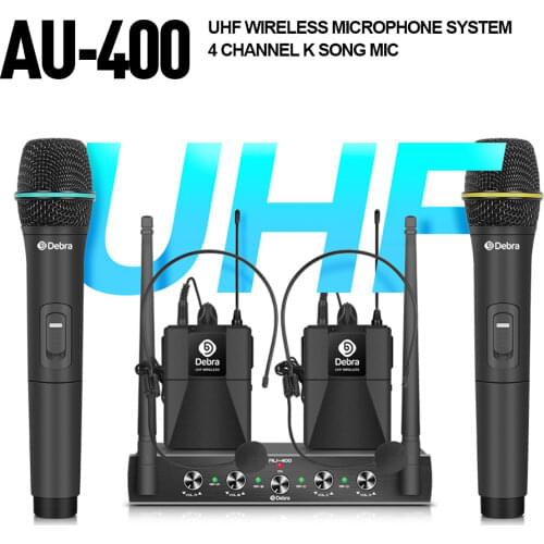 Portable AU-400 UHF 4channel handheld or bodypack Lavalier & Headset wireless microphone system for karaoke church stage party