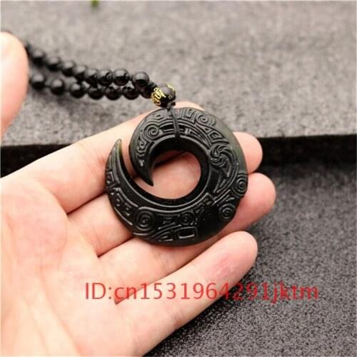 Carved Natural Necklace Men Amulet for Pendant Jade Green Obsidian Chinese Gifts Black Double-sided Accessories Charm Rune