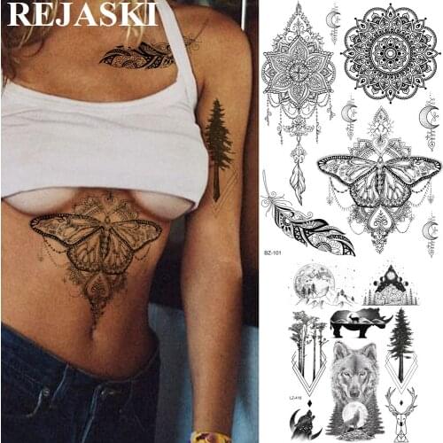 REJASKI Sexy Black Henna Mandala Flower Pendant Temporary Tattoos For Women Sticker Fake Jewels Tatoos Body Art Realistic Tattoo