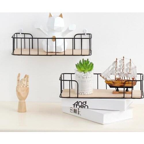 Nordic Simple Wooden Wrought Iron Racks Home Decorative Wall Free Punching Storage Racks