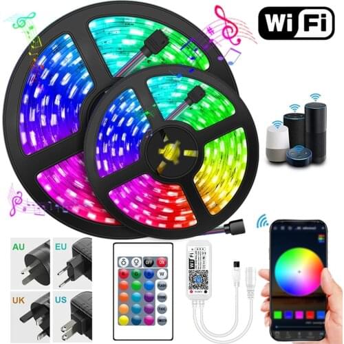 LED Strip Light RGB 5050 2835 Flexible Ribbon WiFi Bluetooth 12V led strip 5M Waterproof Tape Diode+Control+Adapter US EU UK AU