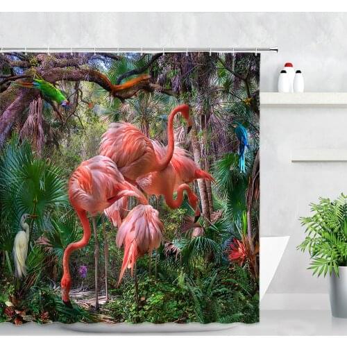 Flamingo Shower Curtains Animals Parrot Birds Green Plant Tropical Jungle Scenery Wall Decor Bathroom Hooks Fabric Bath Curtain