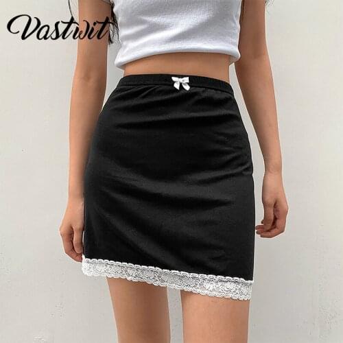 E-girl Sweet Bow Lace Trim Black Skirts Women Y2K Grunge Aesthetics High Waist Bodycon Gothic Skirt Clubwear 90s Vintage Bottoms