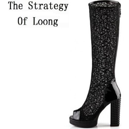 Thick High Heel Chunky Heel Zip Summer Women Long Boots Cut Out Knee High Open The Toe Breathable Lady Boots SXQ0728