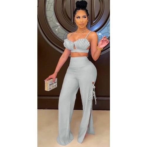 2021 Best Quality Fashion Design 2 pcs Women Set Solid Ruffles Spaghetti Strap Short Tops Splice Long Pant Night Club Outfits