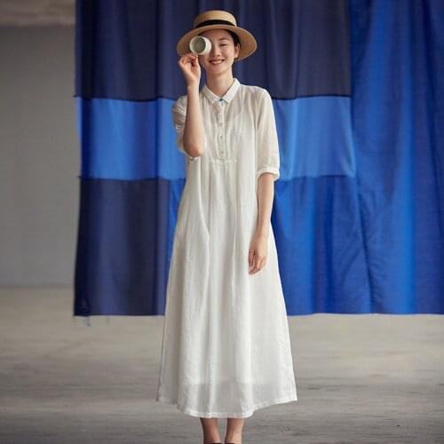 Women Summer Hald Sleeve Shirt Dress Ladies Solid color Ramie Dress Female 2020 Thin Transparent Dress
