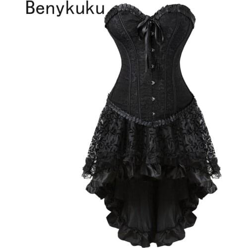 Women Burlesque Dancer Dress Witch Halloween Sexy Overbust Bustier Corset Mini Skirt Gothic Corset Dress with Skirt Plus Size