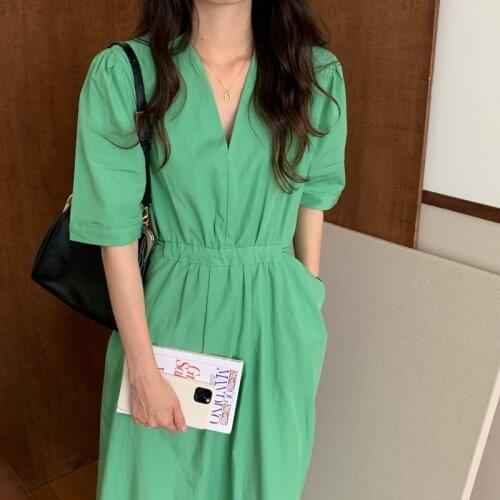 2021 Summer Dress New Fashion Korean High Waist Dress Short Sleeve Simple V-neck Double Pocket Lace Up Waist Solid Vestido 15088