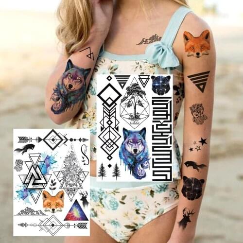 3D Geometric Watercolour Temporary Tattoos For Women Men Body Art Cavicle Wolf Fox Large Tattoo Sticker Flower Fake Starry Tatoo