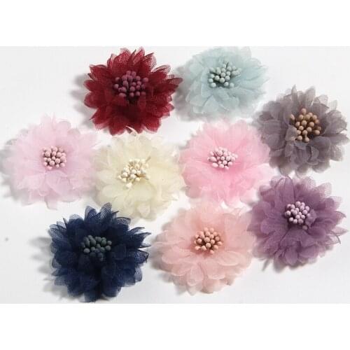 60PCS 4CM 1.5" New Small Chiffon Flowers With Matches Center For Headbands Accessories Sunflower Handmade Hair Flower For Dress