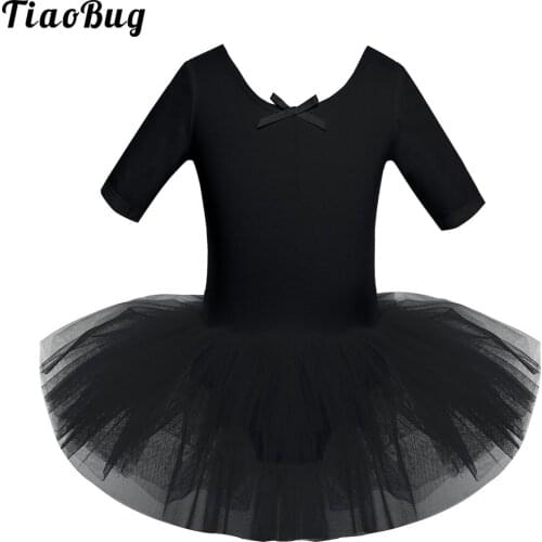TiaoBug Kids Girls Short Sleeve Cotton Tulle Ballet Dance Leotard Dress Gymnastics Performance Tutu Bodysuit