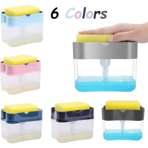 6 Colors Soap Pump Dispenser with Sponge Holder Cleaning Liquid Dispenser Container Manual Press Soap Organizer Cleaner Tool