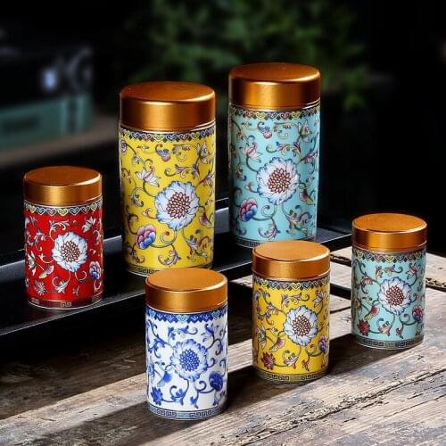 Enamel Mini Tea Caddy Alloy Lid Portable Candy Food Storage Jar Travel Sealed Pot Tea Set Kitchen Storage Jar Home Decoration