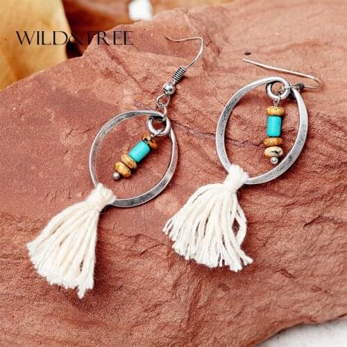 Ethnic Beige Cotton Tassel Dangle Earrings For Women Bohemia Antique Round Circle Colorful Beads Pendant Earrings Jewelry
