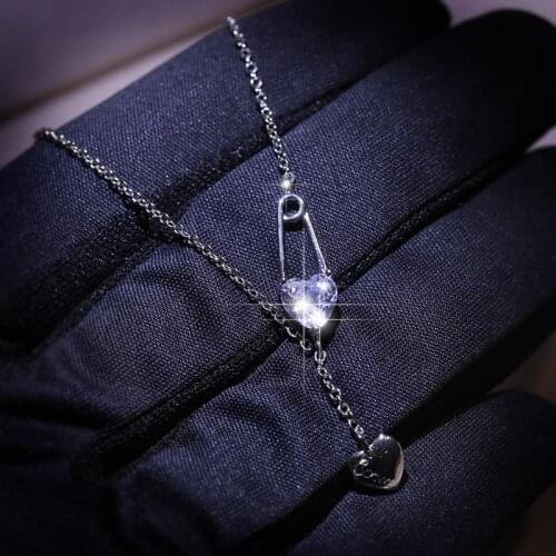 Exquisite 925 Silver Safety Pin Pendant Rhinestone Crystal Necklace for Women Link Chain Charm Jewelry Necklace for Women
