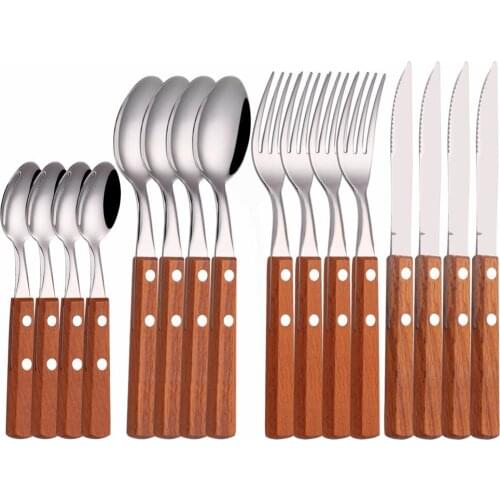 Kitchen Tableware Stainless Steel Cutlery Set Spoon Forks Knives Set Dinnerware Silve Mirror Wooden Handle Flatware Dropshipping