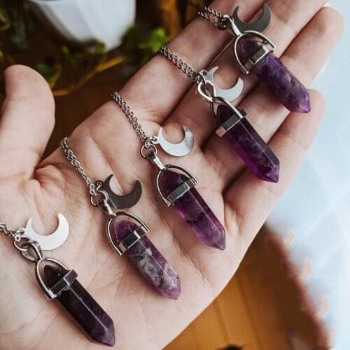 Cute Boho Wicca Purple Crystal Moon Crescent Pendant Necklace Natural Stone Choker Gift For Women Best Friends Charm Wholesale