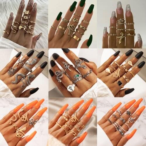 Tocona New Trendy Snake Joint Ring Sets for Women Men Butterfly Vintage Gold Silver Color Geoemtic Alloy Open Jewelry Anillo