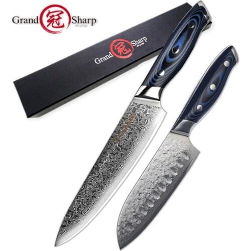 2Pcs Damascus Knife Sets 67 Layers Japanese Damascus Steel vg10 Chef Santoku Kitchen Knives Cleaver with Gift Box GRANDSHARP