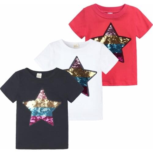 New Kids clothing Summer Boys and Girls Star Sequined Cotton T-shirt Round Neck Short Sleeve Top