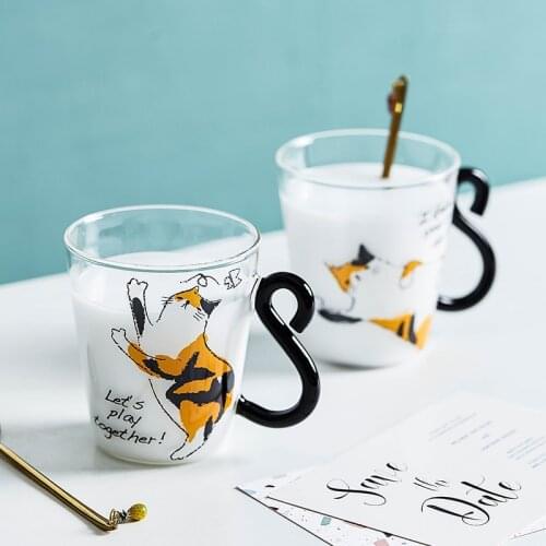 New Cute Creative Cat Kitty Glass Mug Cups Tea Cup Milk Coffee Mug Breakfast Cup Meow Fruit Juice Tumbler Home Office Mugs