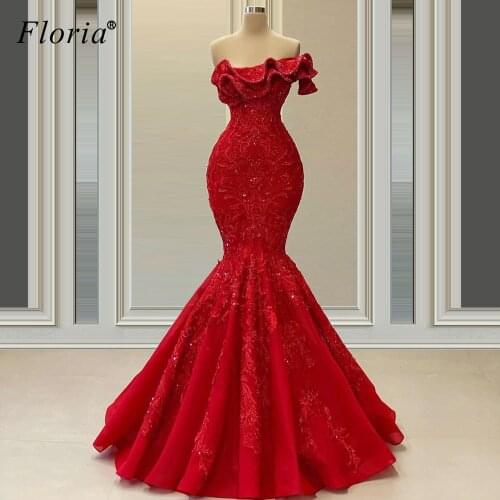 New Red Lace Prom Dresses Mermaid Strapless Beads Sexy Cocktail Party Dresses Women Wedding Party Dresses Vestidos De Fiesta