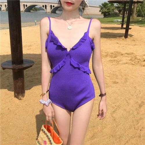 New Style Womens One Piece Swimsuit Solid Ruffled Monokini Korean Style V Neck Summer Beachwear Bathing Suit Padded Wire-free