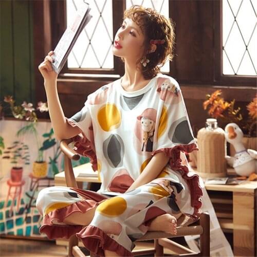 Summer pajamas womens cotton short-sleeved 2PC Japanese and Korean cartoon comfortable home service women пижама