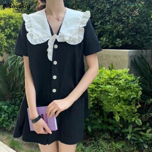 Dresses Women Candy Color Mini A-line Sweet Preppy Style Lady Lovely Sailor Collar Edible Tree Fungus Girls Single Breasted Chic