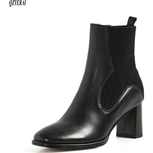 QZYERAI Autumn and winter Genuine leather Female boots High heels Ankle boots Womens boots black Women shoes Size 34-40