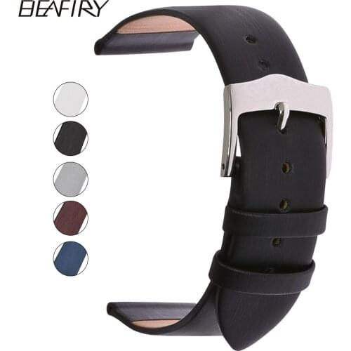 BEAFIRY 12 14 16 18 20MM wire drawing genuine leather brushed watch band straps black white light grey blue fuchsia