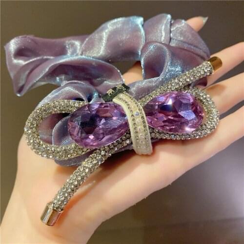 Large Rhinestone Bow Elastic Hair Bands Headdress Scrunchie Mori Girl Ponytail Female Hair Tie Hair Accessories Pleated Headband