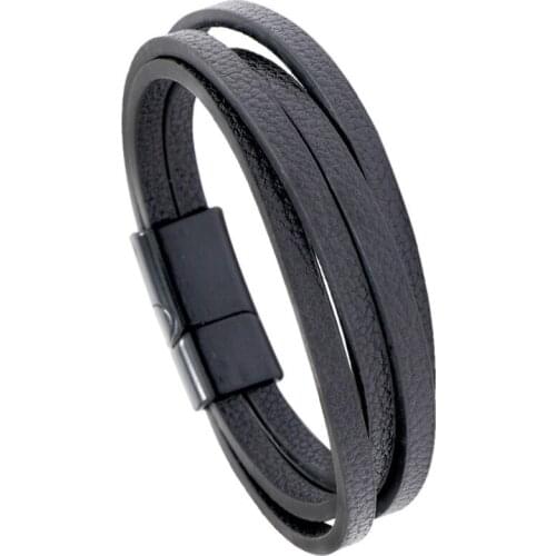 Punk Rock Fashion Black Multi-layer Leather Bracelet Cuff Magnetic Charm Bangle Wrap Wristbands Women Men Casual Vintage Jewelry