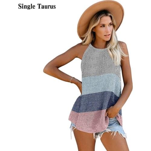 Female Crochet Color Block Loose Knit Cami Tank Tops Sleeveless Sling Vest Women Casual Home Beach Wear Swimsuit Cover Up Tunic