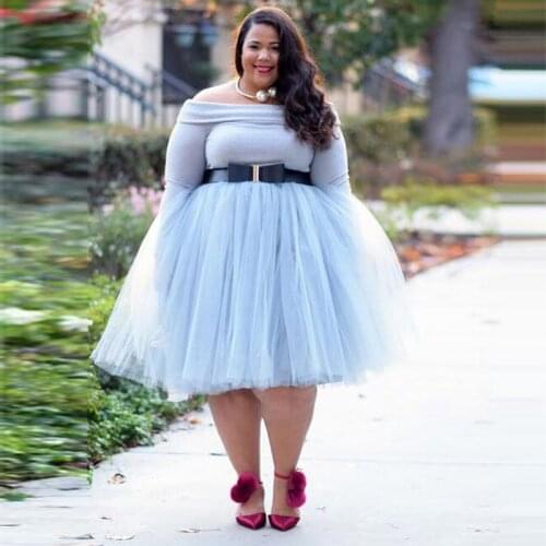 Plus Size Light Blue Tulle Skirt 5 Layers Tulle Knee Length Tutu Skirts Womens Elastic Waist Solid Mesh Midi Skirt Custom Made