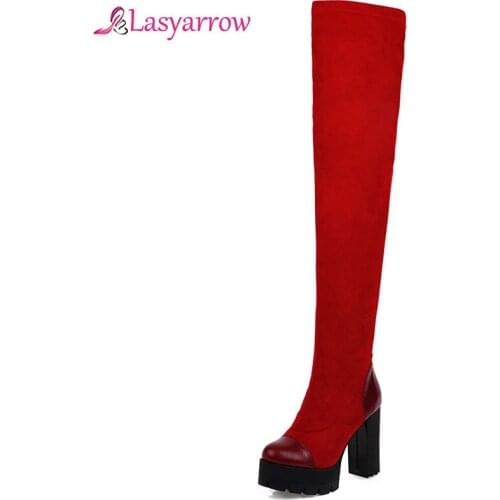Lasyarrow Women Over The Knee Boots Trend Fashion Shoes Women Casual Slip On Square High Heel Platform Footwear Size 33-48 J1080