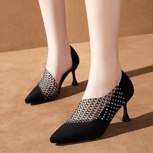 Women Rhinestone Shoes Ladies Black High Heels Sexy Mary Janes Shoes for Girls Women Pointed Heel Woman Pumps Shoes